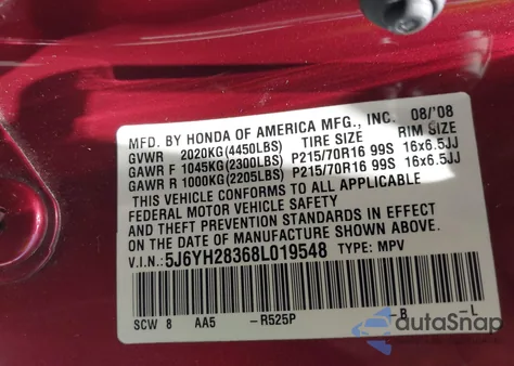 2008 Honda Element Lx from USA, damaged, VIN 5J6YH28368L019548